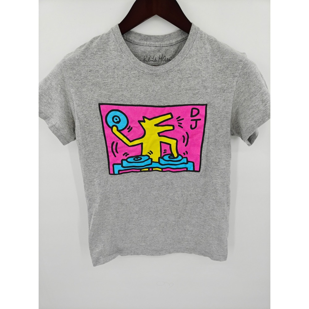 Keith Haring DJ Graphic T-Shirt Gray Short Sleeve Pop Art Crewneck Small